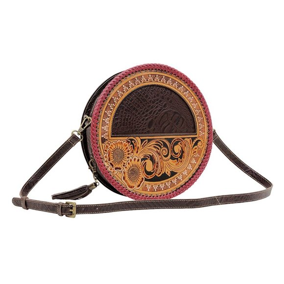 Myra Bag Handmade Coffee Round Bag Upcycled Canvas & Cowhide Leather - Picture 2 of 7